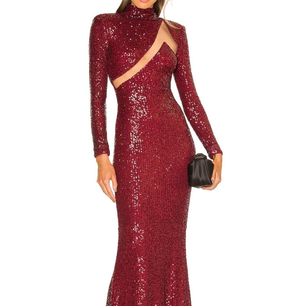Michael Costello x Revolve Sequin Long-Sleeve Burgundy Gown— Worn Once; Size L; - Picture 2 of 7